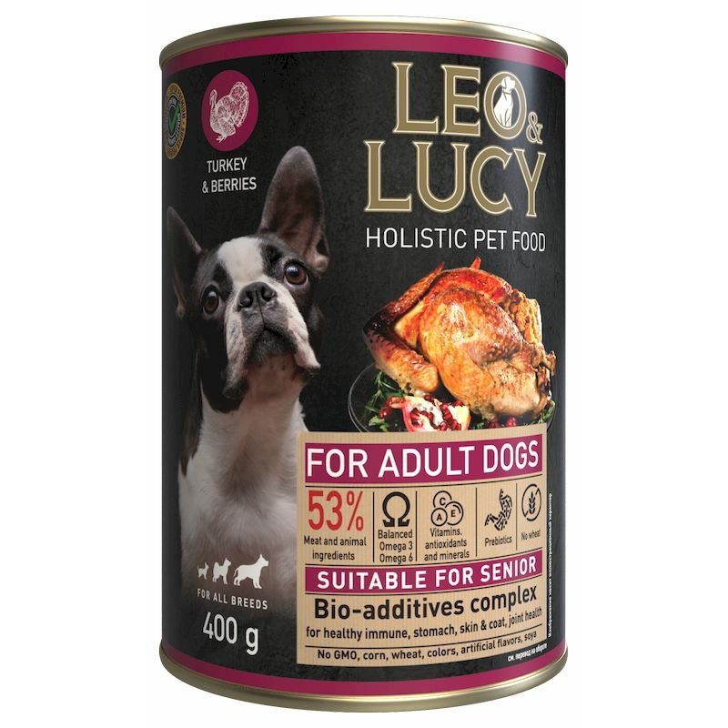 Leo&Luсy Leo&Lucy влажный полнорационный корм для пожилых собак, с индейкой, ягодами и биодобавками, в паштете, в консервах - 400 г
