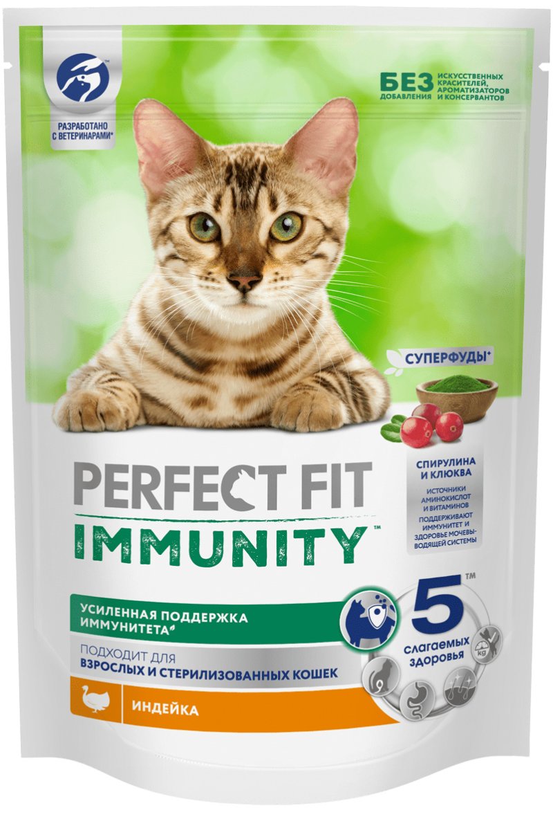Perfect Fit Perfect Fit сухой корм для поддержания иммунитета кошек, с индейкой и добавлением спирулины и клюквы (580 г)