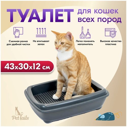 Туалет лоток для кошек с бортом, с рамкой-сеткой PetTails, глубокий (под наполнитель) 43*30*12см, серый