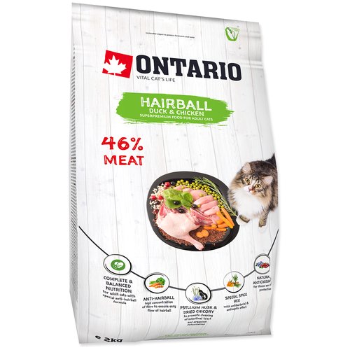 Сухой корм для кошек Ontario для вывода шерсти, с уткой, с курицей 2 кг
