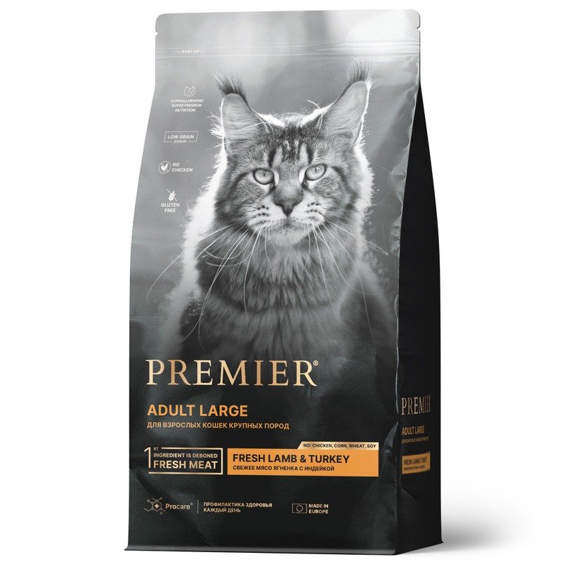 Premier Cat Turkey Large сухой корм для крупных кошек, свежее мясо индейки и ягненка