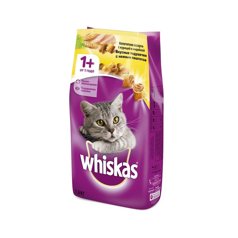 Whiskas Вкусные подушечки с нежным паштетом сухой корм для взрослых кошек Аппетитное ассорти с курицей и индейкой - 1,9 кг