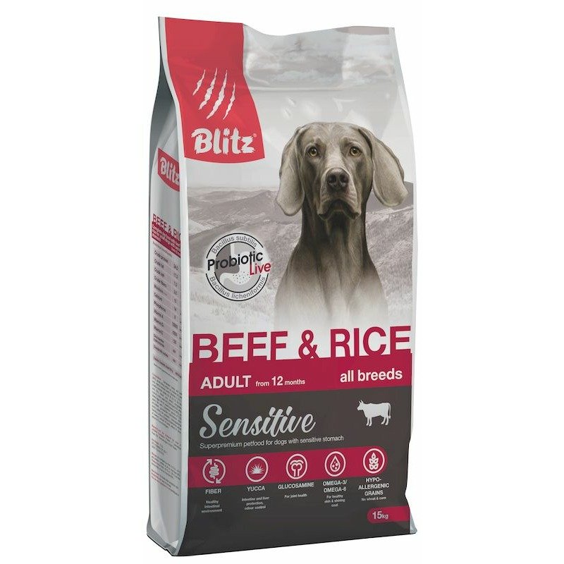 Blitz Blitz Sensitive Adult Beef & Rice полнорационный сухой корм для собак, с говядиной и рисом - 15 кг