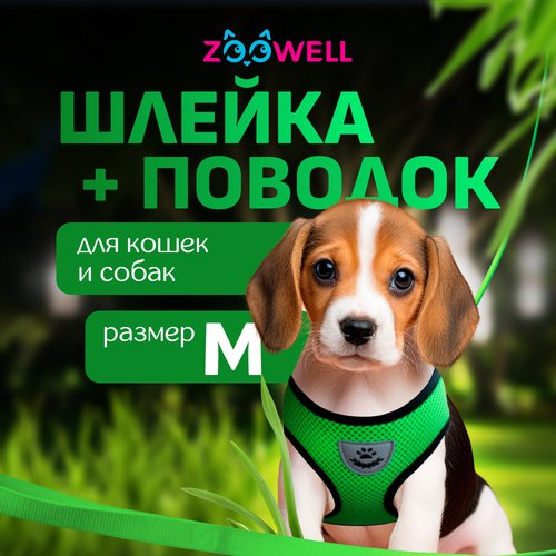 Шлейка с поводком ZooWell универсальная M зеленая