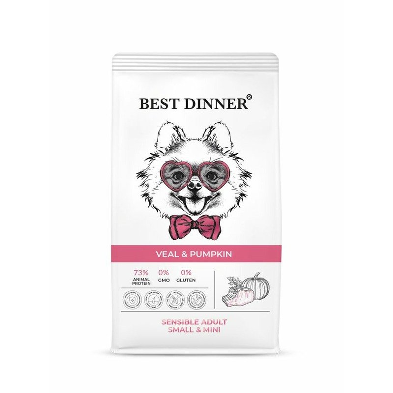 Best Dinner Sensible Adult Small & Mini полнорационный сухой корм для собак мелких пород, склонных к аллергии и проблемам с пищеварением, с телятиной и тыквой - 3 кг