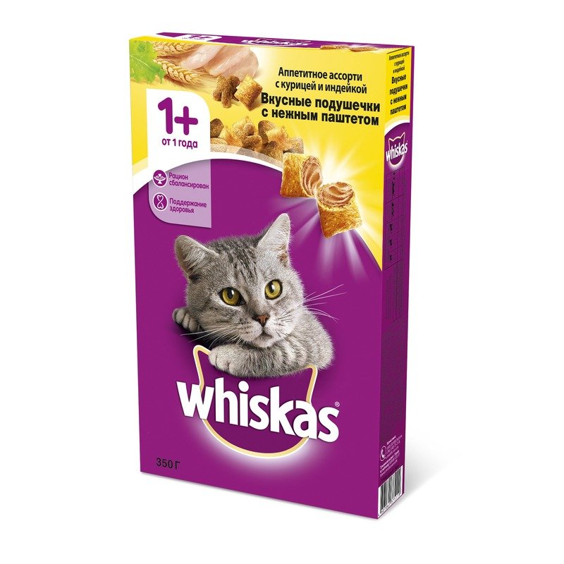 Whiskas Вкусные подушечки с нежным паштетом сухой корм для взрослых кошек Аппетитное ассорти с курицей и индейкой - 350 г