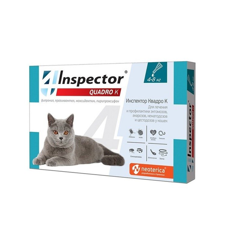 Inspector Quadro капли для кошек весом 4-8 кг от внешних и внутренних паразитов - 1 пипетка