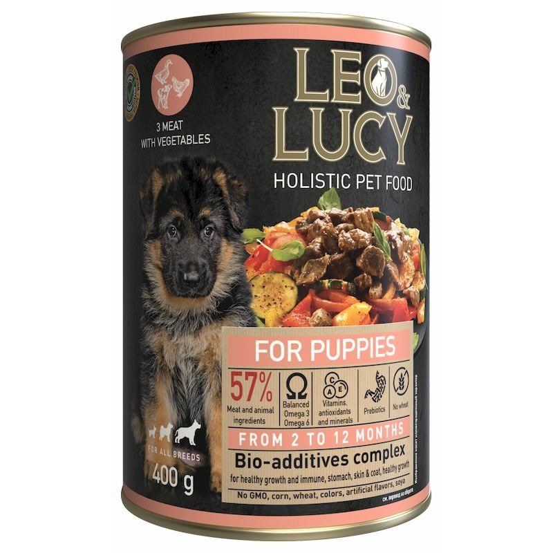 Leo&Luсy Leo&Lucy влажный полнорационный корм для щенков, мясное ассорти с овощами и биодобавками, в паштете, в консервах - 400 г