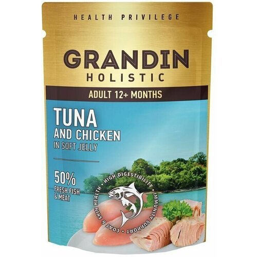 Grandin Влажный корм для взрослых кошек, тунец с курицей в нежном желе, 85 гр, 6 шт