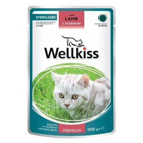 Wellkiss Sterilised влажный корм для стерилизованных кошек, кусочки с ягненком в соусе, 100г, 14 шт