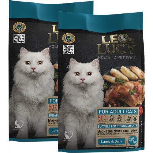LEO&LUCY HOLISTIC для взрослых кастрированных котов и стерилизованных кошек с ягненком, уткой и биодобавками (0,4 + 0,4 кг)