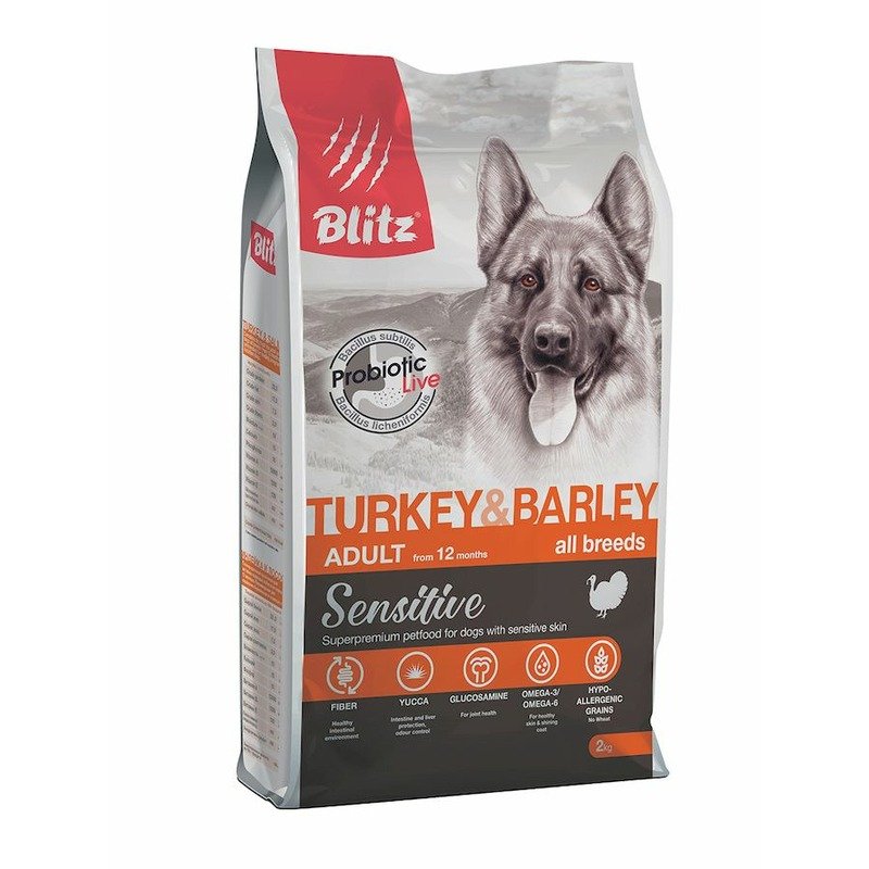 Blitz Blitz Sensitive Adult Turkey & Barley полнорационный сухой корм для собак, с индейкой и ячменем - 2 кг