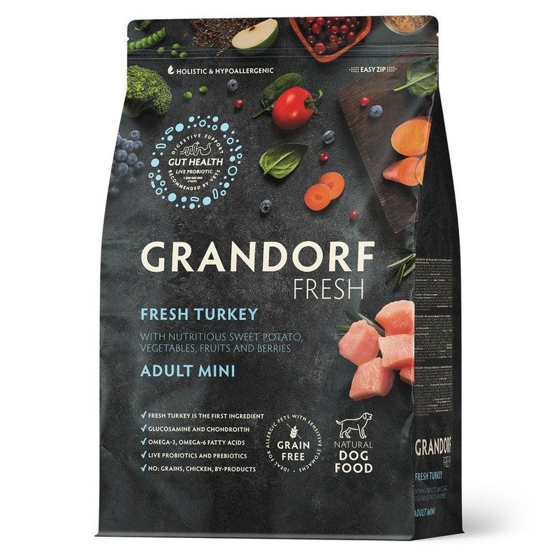 Grandorf Fresh Grain Free Dog Adult Mini Turkey & Sweet Potato Сухой корм беззерновой с живыми пробиотиками для взрослых собак маленьких пород с индейкой и бататом - 3 кг