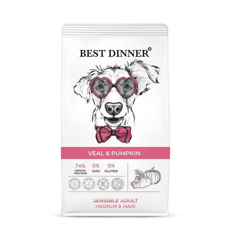 Best Dinner Sensible Adult Medium & Maxi полнорационный сухой корм для собак средних и крупных пород, склонных к аллергии и проблемам с пищеварением, с телятиной и тыквой - 3 кг