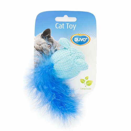Игрушка для кошек мягкая DUVO+ 'Мышка с хвостом из перьев', голубая, 10х6х4см (Бельгия)