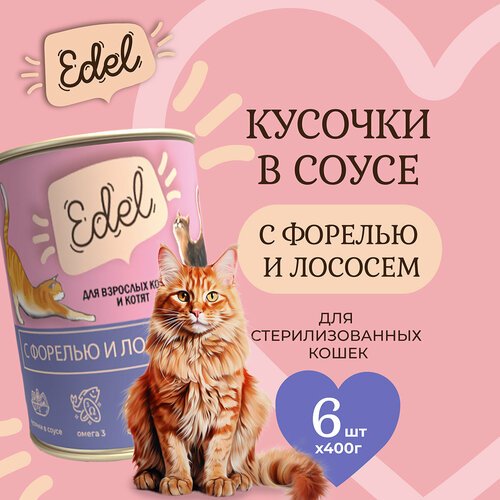 Консервы для кошек Edel Cat Эдель Кэт нежные кусочки в соусе лосось, форель, 400 гр. по 6 шт. (ГЛ)