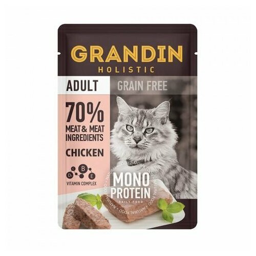 Grandin Adult Grain free Monoprotein Влажный корм для взрослых кошек, патэ из нежного мяса курицы в желе, 85 гр, 12 шт
