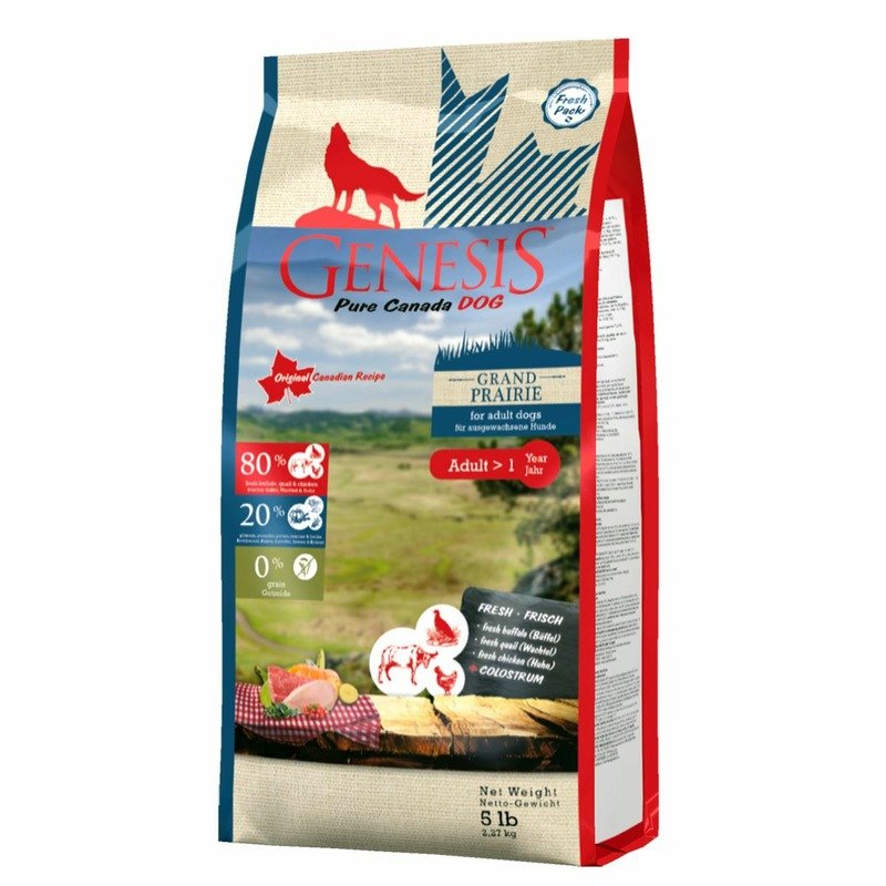 Genesis Pure Canada Grand Prairie Adult для взрослых собак всех пород с чувствительным пищеварением с курицей, буйволом и перепелками - 2,27 кг
