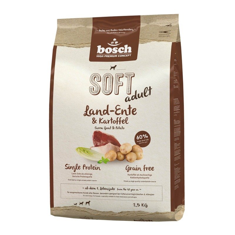 Полувлажный корм Bosch Soft для взрослых собак всех пород с чувствительным пищеварением, склонных каллергии и пищевой непереносимости с уткой и картофелем - 2,5 кг