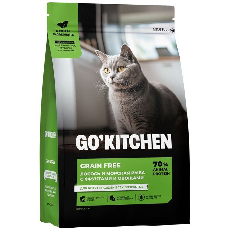 Go Kitchen сухой корм для котят и кошек всех возрастов, беззерновой, с лососем и морской рыбой - 1,36 кг