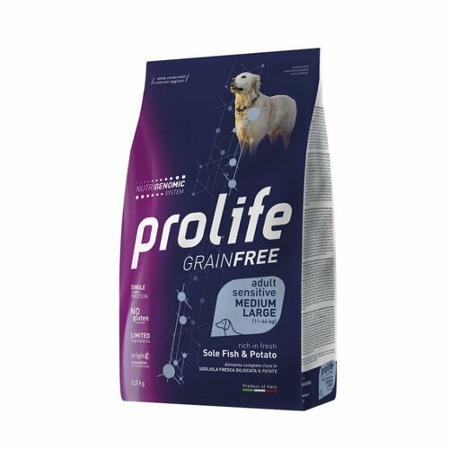 PROLIFE корм сухой для собак беззерновой для средних и крупных пород с чувствительным пищеварением, камбала с картофелем 2,5 кг