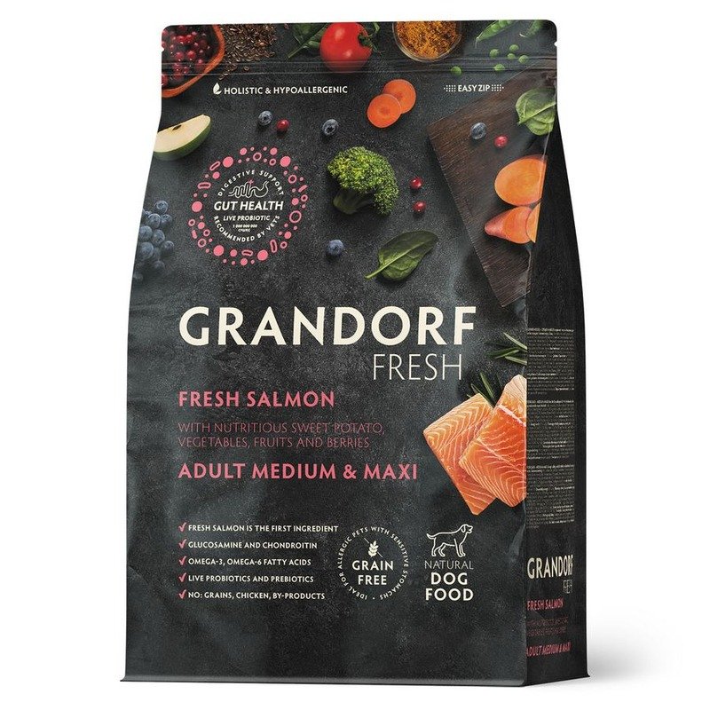 Grandorf Fresh Grain Free Dog Adult Medium & Maxi Salmon & Sweet Potato Сухой корм беззерновой с живыми пробиотиками для взрослых собак средних и крупных пород с лососем и бататом - 1 кг