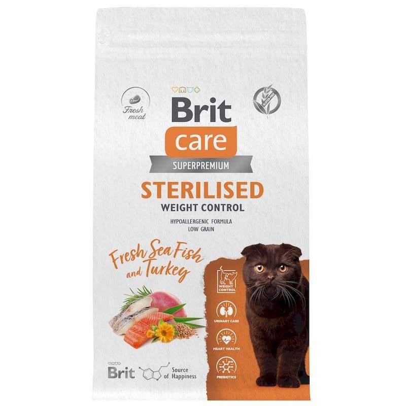 Brit Care Cat Sterilised Weight Control сухой корм для стерилизованных кошек для контроля веса, с морской рыбой и индейкой - 1,5 кг