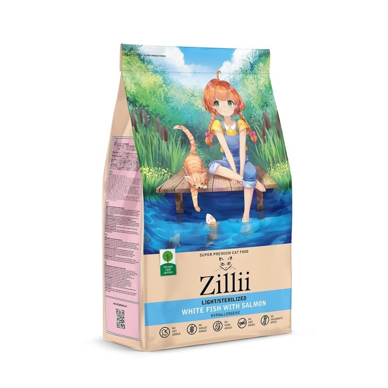 Zillii Zillii сухой корм для взрослых кошек с избыточным весом и стерилизованных Белая Рыба с Лососем (400 г)