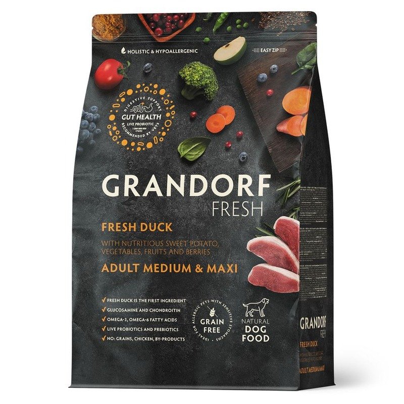 Grandorf Fresh Grain Free Dog Adult Medium & Maxi Duck & Sweet Potato Сухой корм беззерновой с живыми пробиотиками для взрослых собак средних и крупных пород с уткой и бататом - 10 кг