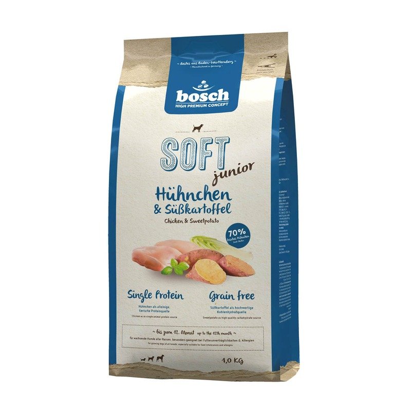 Полувлажный корм Bosch Soft Junior для щенков всех пород с чувствительным пищеварением, склонных каллергии и пищевой непереносимости с курицей и бататом - 1 кг