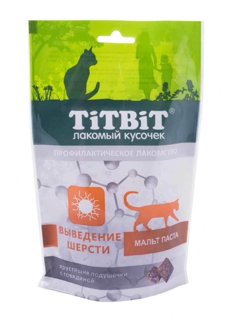 TiTBiT TiTBiT хрустящие подушечки для кошек, с говядиной для выведения шерсти (60 г)