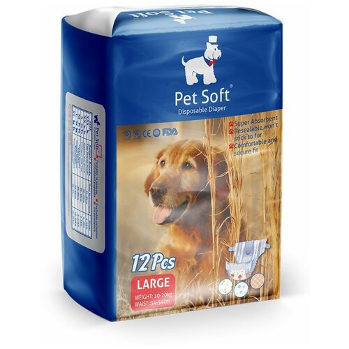 Подгузник PET SOFT DIAPER L, 3 цвета, для собак, 10-20 кг, талия 34-54 см, 12 шт