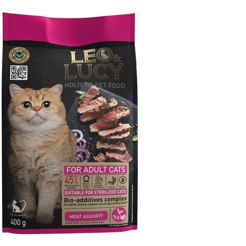 LEO&LUCY cухой холистик корм для взрослых кошек мясное ассорти для стерилизованных 0,4кг