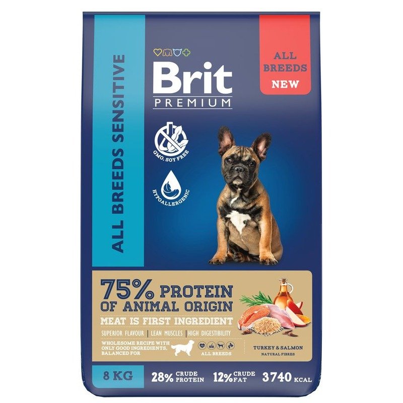 Brit Premium Dog Adult Sensitive сухой корм для взрослых собак всех пород с чувствительным пищеварением, с индейкой и лососем - 8 кг