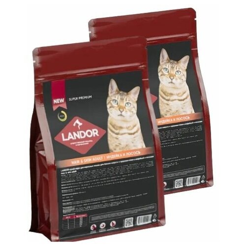 LANDOR (1+1) полнорационный сухой корм для взрослых кошек, для шерсти и здоровья кожи, c индейкой и лососем, 400г