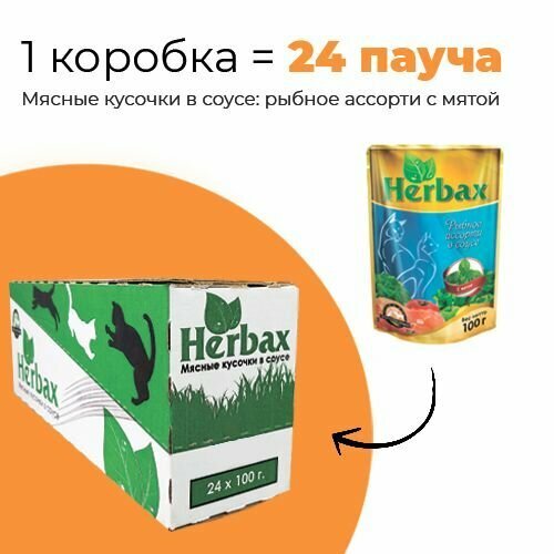 Упаковка 24 пауча для кошек HERBAX Рыбное ассорти в соусе с мятой