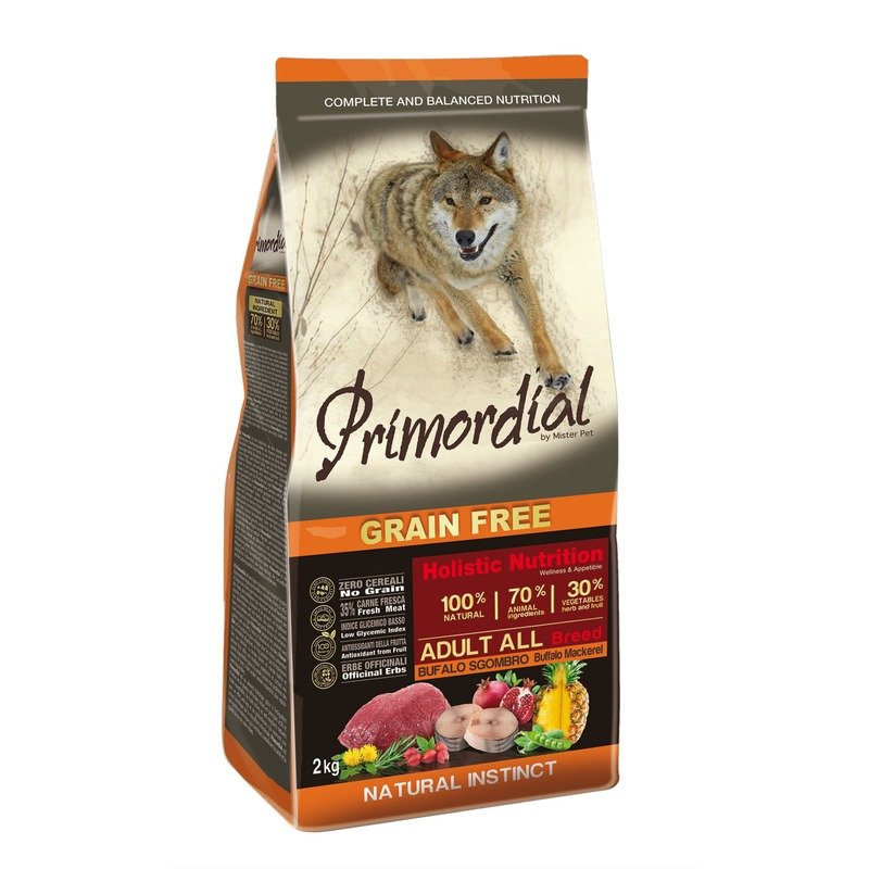Primordial Сухой беззерновой корм Primordial для взрослых собак с мясом буйвола и макрелью - 2 кг