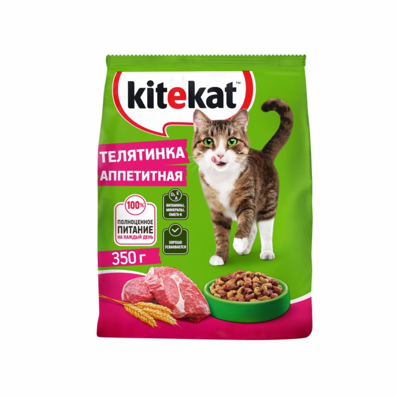 Kitekat Kitekat сухой полнорационный корм для взрослых кошек «Телятинка Аппетитная» (800 г)