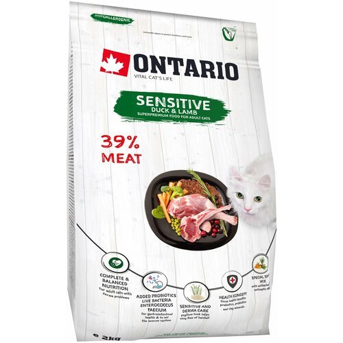 Сухой корм для кошек Ontario при чувствительном пищеварении, с уткой, с ягненком 2 кг
