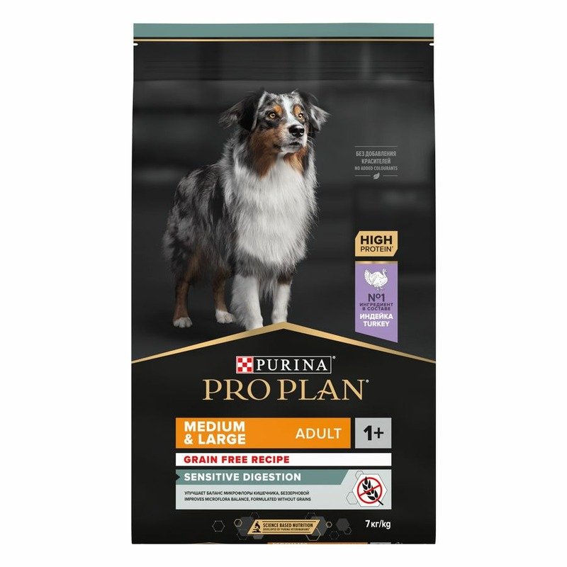 PRO PLAN Сухой корм Pro Plan Grain Free Formula (беззерновой) для взрослых собак средних и крупных пород с чувствительным пищеварением, с высоким содержанием индейки - 7 кг