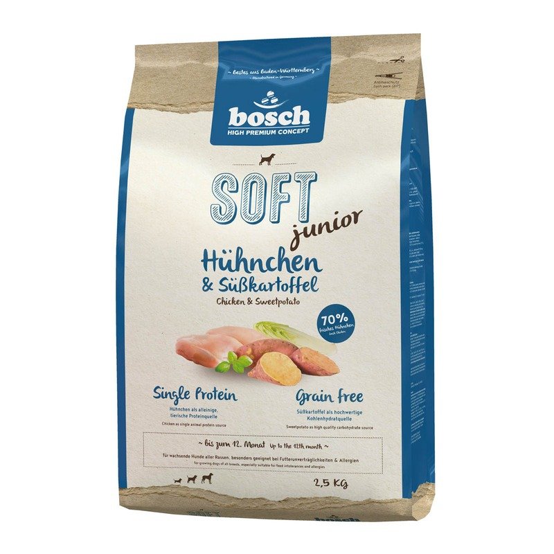 Bosch Полувлажный корм Bosch Soft Junior для щенков всех пород с чувствительным пищеварением, склонных каллергии и пищевой непереносимости с курицей и бататом - 2,5 кг