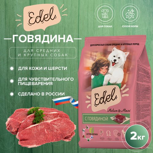 Сухой корм EDEL для взрослых собак средних и крупных пород, с говядиной Adult Medium & Maxi Beef 2 кг