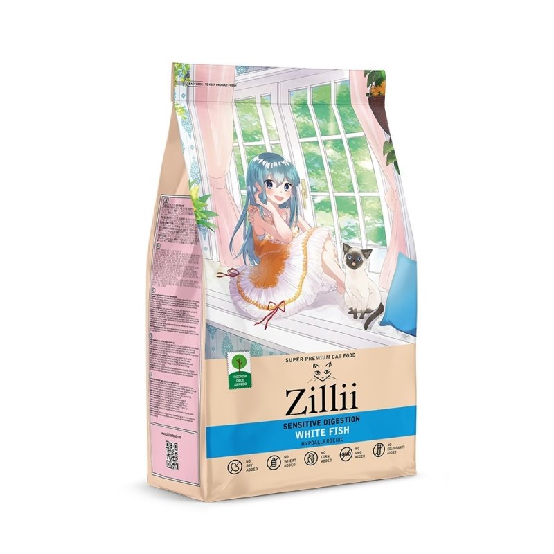 Zillii Zillii сухой корм для взрослых кошек с чувствительным пищеварением, белая рыба (400 г)