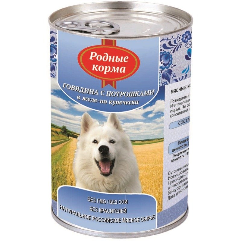 Родные корма влажный корм для собак, фарш из говядины с потрошками по-купечески в желе, в консервах - 970 г