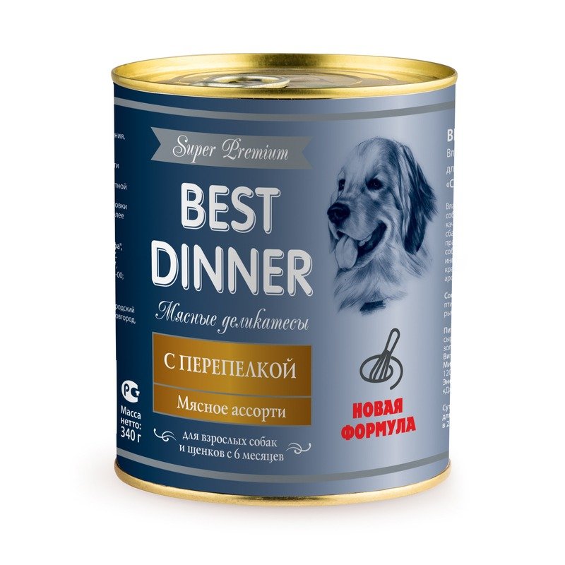 Best Dinner Super Premium Мясные деликатесы влажный корм для собак и щенков, с перепелкой, фарш, в консервах - 340 г