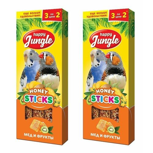 Happy Jungle Лакомство для птиц Палочки Мед и фрукты, 3 шт в уп, 90 г, 2 уп