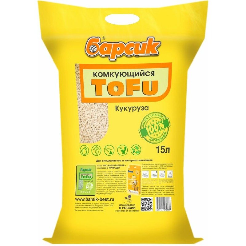 Барсик наполнитель ToFu комкующийся для взрослых кошек, кукурузный - 15 л