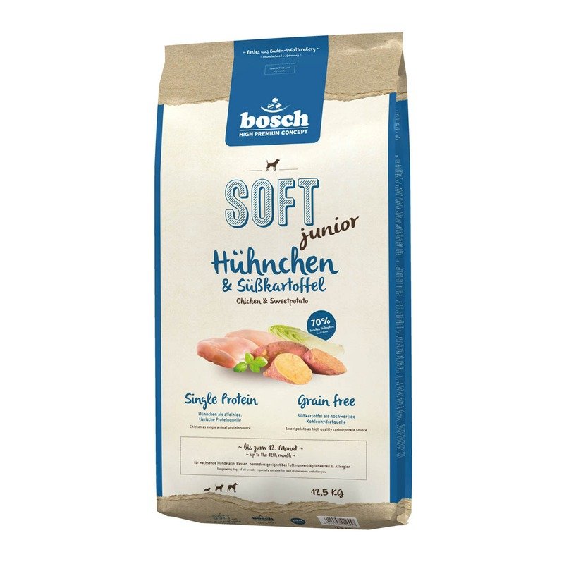 Bosch Полувлажный корм Bosch Soft Junior для щенков всех пород с чувствительным пищеварением, склонных каллергии и пищевой непереносимости с курицей и бататом