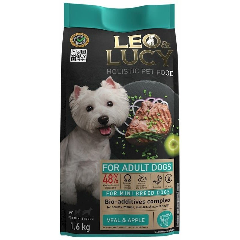 Leo&Luсy Leo&Lucy сухой полнорационный корм для собак мелких пород, с телятиной, яблоком и биодобавками - 1,6 кг