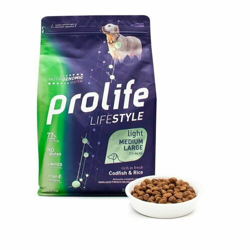 PROLIFE корм сухой для собак для средних и крупных пород с избыточным весом, треска с рисом 2.5 кг